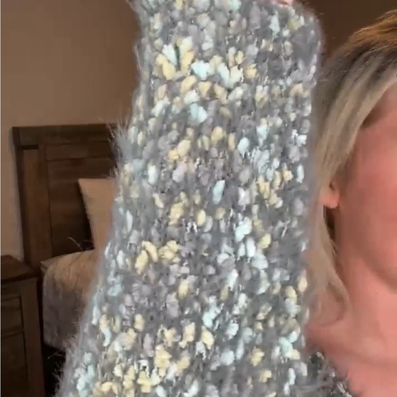 Gray with Green & Blue Confetti Detail V-Neck Sweater Eyelash Fuzzy Knit, Medium - Picture 2 of 9